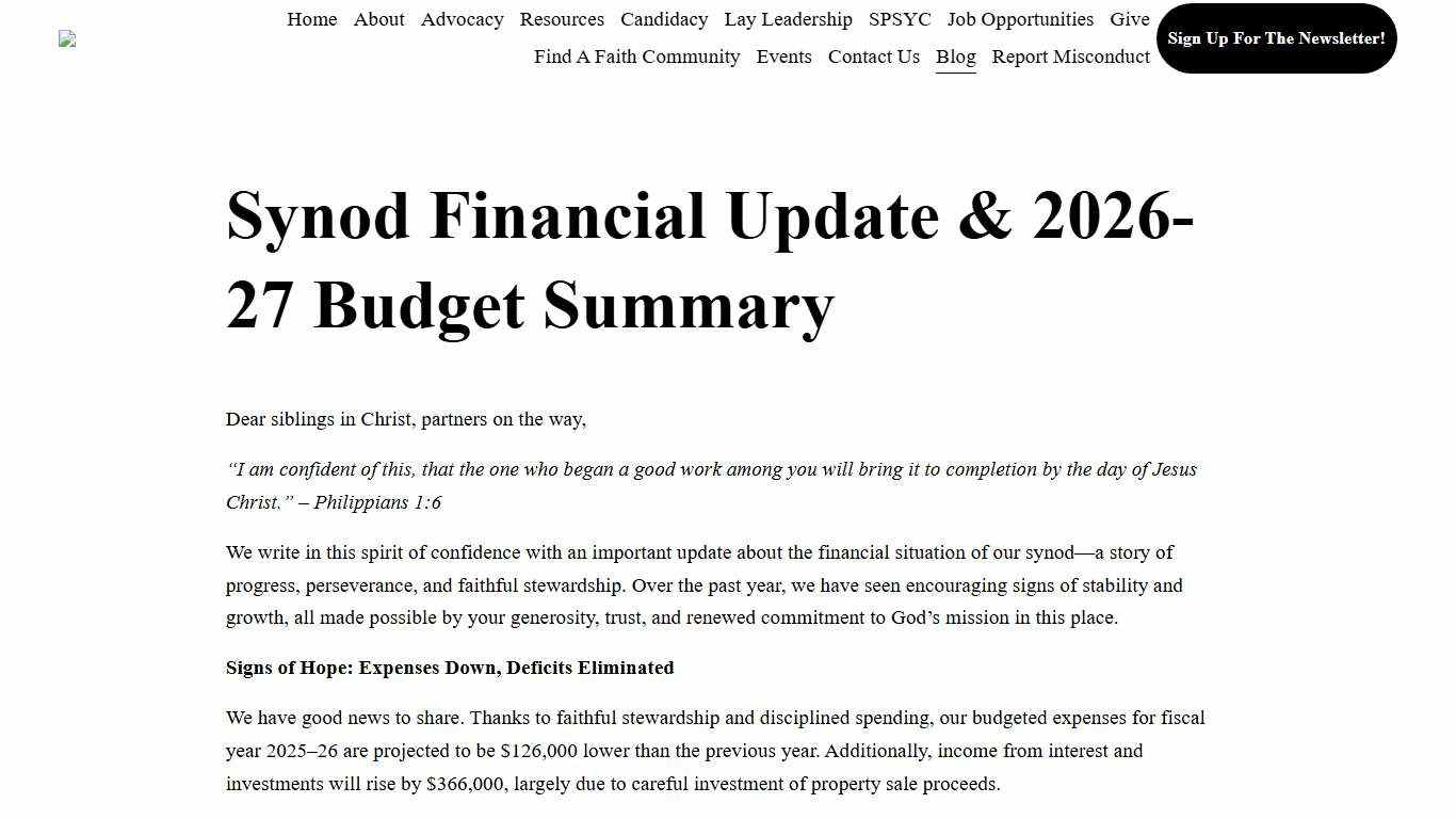 Synod Financial Update & 2026-27 Budget Summary — Sierra Pacific Synod